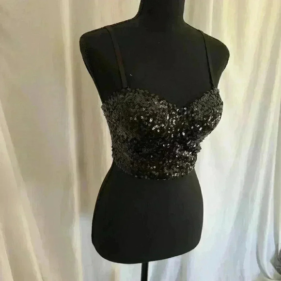 Wet seal black sequin corset top women’s size medium gothic crop dainty - Picture 3 of 7